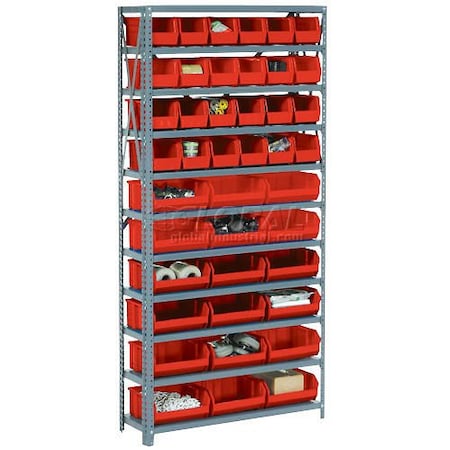 Global Industrial Steel Open Shelving with 16 Red Plastic Stacking Bins 5 Shelves, 36x12x39 603246RD